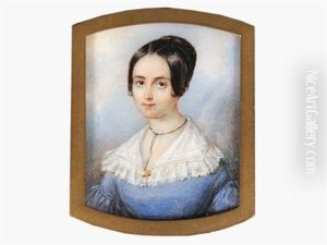Portrait D'une Jeune Femme En Robe Bleue Clair A Grand Col De Dentelle Blanche Et Coiffee D'un Petit Chignon