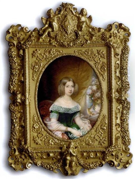Princess Louise Of France, Duchess Regent Of Parma, Seated In A Red Upholstered Chair Beside A Window Ledge With A Vase Of Flowers, In Green Velvet Dress With Deep Lace Collar And Cuffs - view 1