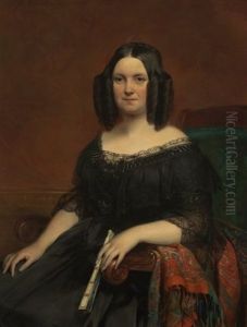 Portrait Einer Dame In Schwarzer Krinoline, Mit Zapfenlocken Und In Ihrer Linken Einen Facher Haltend