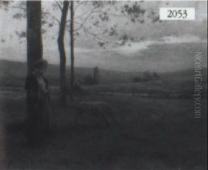 Lady In A Landscape With Rolling Hills And Sheep by Henry Lerolle