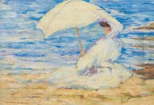 Lady With A Parasol By Seaside by Auguste Leroux