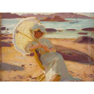 Elegant Lady With A Parasol On The Beach by Auguste Leroux