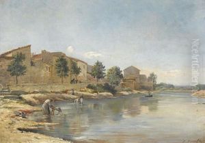 Flussuferpartie Mit Wascherinnen by Emile Benard