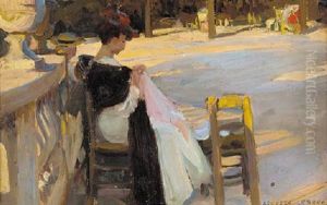 A Young Lady Sewing In A Sunlit Park by Auguste Leroux