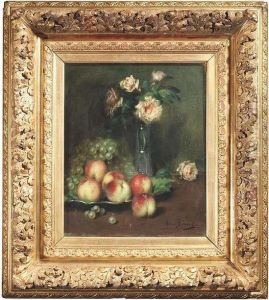 Still Life With Peaches, Grapes And White Roses In A Vase