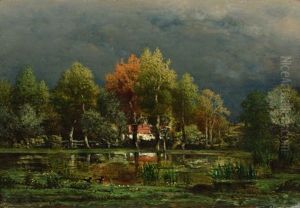Maison Entouree D'arbres Au Bord D'un Etang by Marie Guillaume Charles Leroux