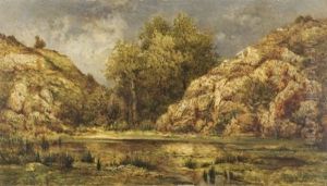 Arbres Et Rochers Au Dessus De L'etang by Marie Guillaume Charles Leroux