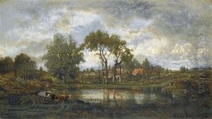 Village Pres D'une Mare Dans Les Deux-sevres by Marie Guillaume Charles Leroux