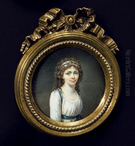 Portrait D'une Jeune Femme En Buste Vers La Droite Presque De Face En Robe De Voile Blanc Ceinturee De Bleu, Sa Coiffure, A La Conseilleur Retombant En Larges Boucles Sur Ses Epaules - view 1