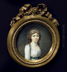 Portrait D'une Jeune Femme En Buste Vers La Droite Presque De Face En Robe De Voile Blanc Ceinturee De Bleu, Sa Coiffure, A La Conseilleur Retombant En Larges Boucles Sur Ses Epaules by Joseph Francois Leroy