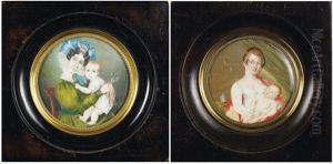 Portrait D'une Mere En Robe De Soie Verte Et Importante Coiffure Enrubannee Tenant Son Enfant