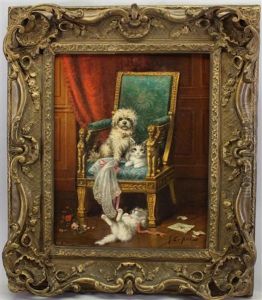 A Terrier And Kittens In An Elegant Interior Setting