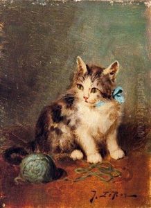 Chat Assis Au Noeud Bleu, A Cote D'une Pelote De Laine by Jules Leroy