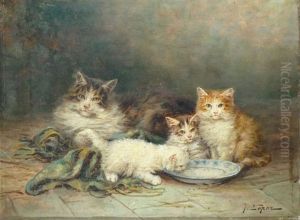 Chatte Et Chatons A La Coupe De Lait by Jules Leroy
