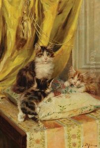 Trois Chats Sur Un Coussin Pres D'un Rideau Jaune by Jules Leroy