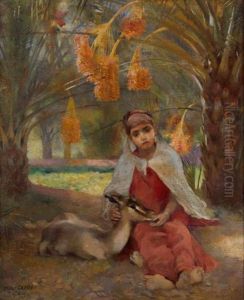 Les Deux Gazelles, Jeune Arabe Dans Un Jardin Dattier, Biskra by Paul Alexandre Alfr. Leroy