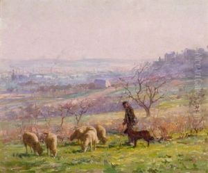 Farmer With His Flock Of Sheep Outside A French City by Paul Alexandre Alfr. Leroy