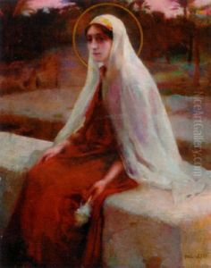 A Female Saint Spinning Wool