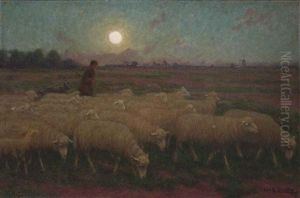 Moutons Au Clair De Lune by Jan-Baptist Lesaffre
