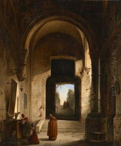 Personnages En Priere A L'entree D'une Eglise by Charles-Louis Lesaint