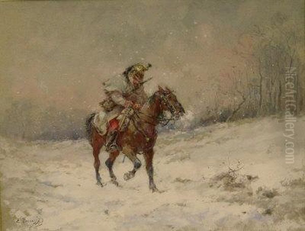 Prussian Cavalryman Returning In The Snow - view 1