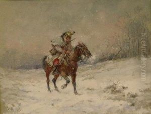 Prussian Cavalryman Returning In The Snow by Louis Emile Benassit