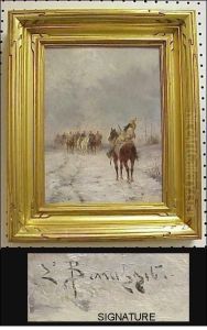 Oil On Wood Panel,continental Soldiers On Horseback In Winter, Signed Lower Left, Ina Modern Gilt Frame, Ss. 13" H. X 9 3/4" W by Louis Emile Benassit
