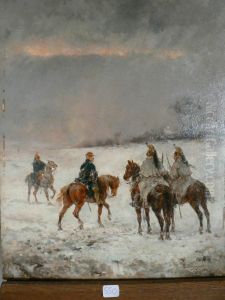 Militaires Dans Un Paysage D'hiver by Louis Emile Benassit