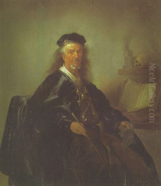 Portrait Of A Mathematician Holding A Stick And A Piece Of Paper, A Geometry Book Beside Him - view 1