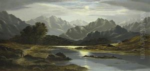 Mountainous Lake Landscape By Moonlight; And By Day (2 Works) by Charles Leslie