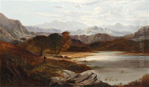 Highland Loch Scene With Farmer And Sheep On The Bank - view 1