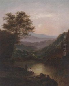 Cattle Watering In A Welsh Landscape by Charles Leslie