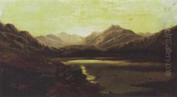 Shepherd And Flock By A Loch - view 1
