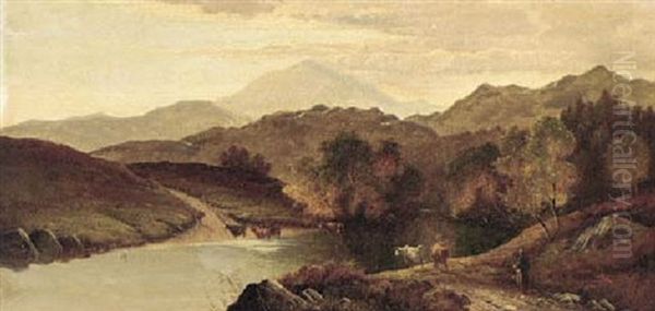 A Drover With Cattle, Crossing A Ford - view 1