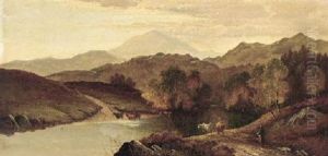 A Drover With Cattle, Crossing A Ford by Charles Leslie