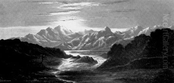 Moonlit Mountain River Landscape With Figure - view 1