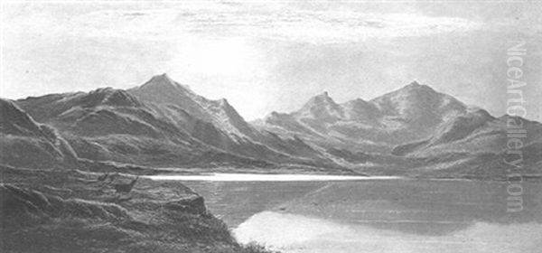 Stags Before A Loch In A Mountainous Landscape - view 1