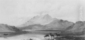 Deer Watering At A Loch In A Mountainous Highland Landscape by Charles Leslie