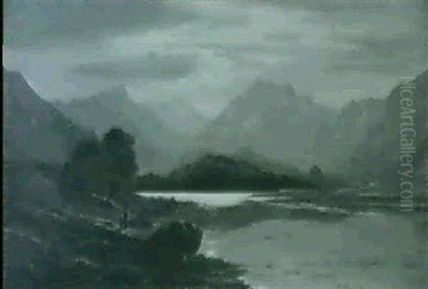 Figures Before A Lake In A Mountainous Landscape By Moonlight - view 1