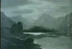 Figures Before A Lake In A Mountainous Landscape By Moonlight by Charles Leslie