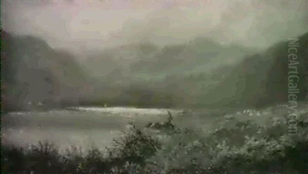 A Fisherman By A Mountain Lake - view 1