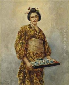 Japonaise Tenant Un Service A The Dans Un Plateau