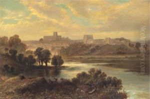 Carlisle - Flodlandskap Med Figurer, Stad I Bakgrunden by George Dunlop, R.A., Leslie