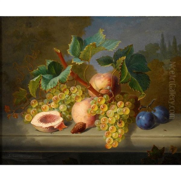 Grapes, Peaches, And Plums On A Stone Ledge - view 1
