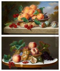 Nature Morte Au Panier D'abricots Sur Un Entablement Et Nature Morte Au Panier De Peches Et Raisins Sur Un Gueridon (pair) by Ange Louis Guillaume Lesourd-Beauregard
