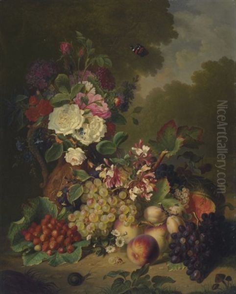 Grapes, Plums, Strawberries, Peaches, Pumpkin, And Summer Flowers - view 1