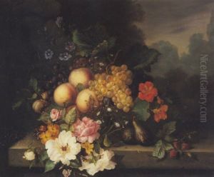 Nature Morte De Fruits Et Fleurs Disposes Sur Un Entablement