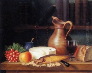 Still Life Of A Bunch Of Radishes, An Apple, Cheese, Herrings, A Glass Of Wine And Bread All Resting On A Woden Table With Religious Books On A Shelf Above