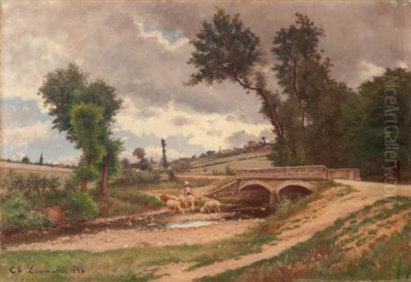 Bergere Et Son Troupeau Au Pied D'un Pont - view 1