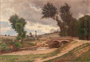 Bergere Et Son Troupeau Au Pied D'un Pont by Theodore Lespinasse